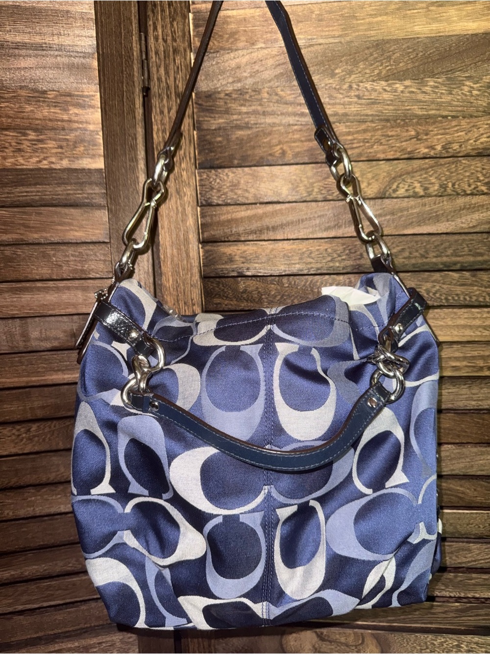 Coach F14673 Navy Blue Signature Op Art Hobo Shoulder Bag Silver Hardware